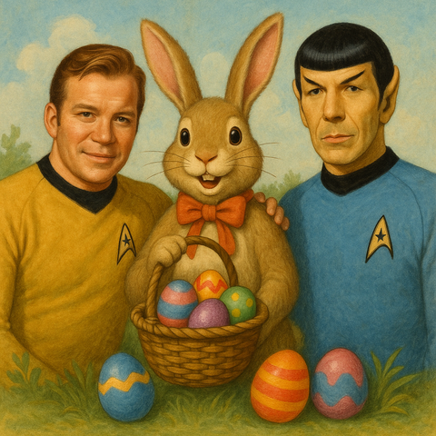 Zwischen Captain Kirk und Mr Spock ist ein Osterhase mit einem Korb voll bunter Ostereier.
