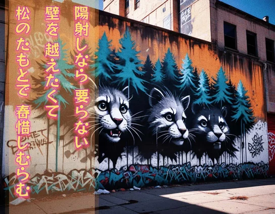 «Generated by nightcafestudio, Edit in CapCut »
Alt-TXT: A vibrant street mural featuring three large, expressive, rounded animal faces emerging from a forest of turquoise pine trees, painted on the wall of an old urban building with graffiti beneath.

On the left side  of the image is a tanka poem written in Japanese that reads, ”Sunlight unwanted, /Yearning to cross walls, /Pines stand as we wait— /Spring lingers, yet fades away, /A fleeting hope held captive.”