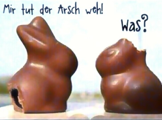 2 Osterhasen aus Schokolade.

Am Hintern angebissener Hase: 
"Mir tut der Arsch weh!"

An Ohren angebissener Hase: 
"Was?"