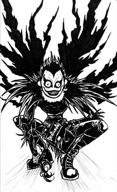 ilustración tradicional en tinta y papel de Ryuk, personaje del anime y manga Death Note