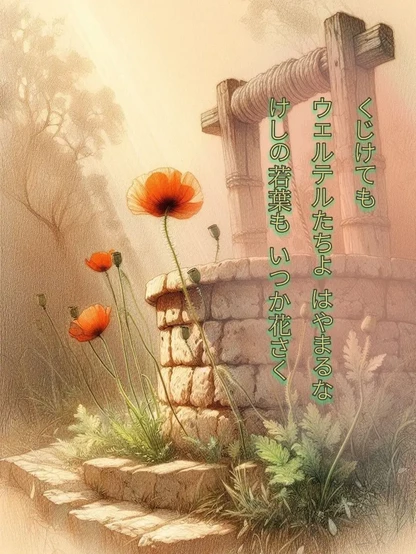 «Generated by MicrosoftDesigner, Edit in CapCut »
Alt-TXT: An old stone well surrounded by bright orange poppies, green ferns and grass. in the background is a patch of grass bathed in soft beige light.

On the right side of the image is a tanka poem written in Japanese that reads, ”Though you falter, /Werthers of this fleeting world, /Do not despair. /The tender poppy leaves too /Shall bloom in their own time.”
