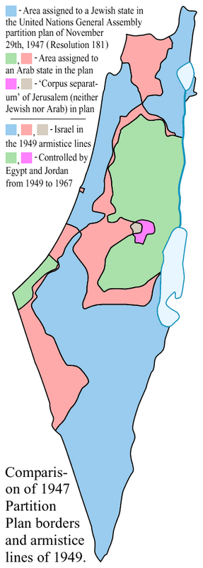Drafted by the U.N. Special Committee on Palestine (UNSCOP) on 3 September 1947, the Plan was adopted by the UN General Assembly on 29 November 1947 as Resolution 181 (II).[1][2] The resolution recommended the creation of independent but economically linked Arab and Jewish States and an extraterritorial "Special International Regime" for the city of Jerusalem and its surroundings.[3][4]

The Partition Plan, a four-part document attached to the resolution, provided for the termination of the Mandate; the gradual withdrawal of British armed forces by no later than 1 August 1948; and the delineation of boundaries between the two States and Jerusalem at least two months after the withdrawal, but no later than 1 October 1948. The Arab state was to have a territory of 11,592 square kilometres, or 42.88 percent of the Mandate's territory, and the Jewish state a territory of 15,264 square kilometres, or 56.47 percent; the remaining 0.65 percent or 176 square kilometres—comprising Jerusalem, Bethlehem and the adjoining area—would become an international zone.[5][4][6] The Plan also called for an economic union between the proposed states and for the protection of religious and minority rights.[7]