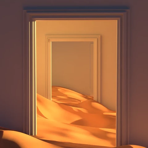 3D rendering looking through a series of doors inside a house filled with sand.