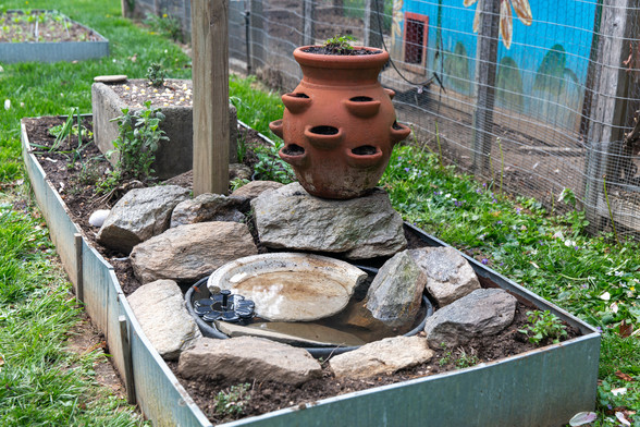Rectangular metal raised bed with large rocks surrounding a black tub of water that has a variety of rocks so that birds can wade or swim depending on how they are feeling.