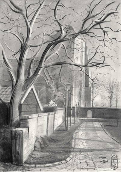 Typical Zeeland

This graphite pencil drawing ‘Veere – 24-03-20’ is the third I drew of this place. I delved into some pictures of tours I took last yea. Then I found one appealing picture of the Grote Kerk at Veere, Zeeland, Netherlands. Too early for trees to show leafs really. However, the light already brings the promise of Spring. I kept the drawing rather sketchy, especially in the background. By that I managed to keep the Grote Kerk towering over Veere rather airy. Consequently the bare tree in the foreground contrasts the church more than in my graphite pencil drawing Rijswijk – 04-12-15. The latter was meant to create a rhythym of straight and curved lines entwined with lesser need to suggest depth. This one needed more though. Both drawings show the branches with a touch of roundism styling. On the other hand the cobblestones turned out rather impressionistic for some reason.

Strange Days Indeed

These unusual Corona times cause people to search for new ways to keep their minds busy. Some told me they binge watch or take virtual tours online, others turn to books still waiting for them. As an artist I just turn to what I do best for all these years: drawing and painting. Surely I feel blessed that what I usually do (creating) still is the core business I can continue. Selling art is a different story though. I hope there will still be a market for my works of art in times of lockdowns and fear for the pandemic.