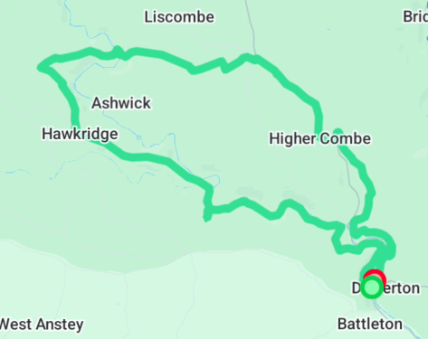 Route taken from Dulverton to the Tarr Steps and back in Exmoor.
