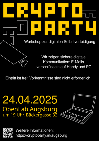 Plakat zur Cryptoparty mit schwarzem Hintergrund.