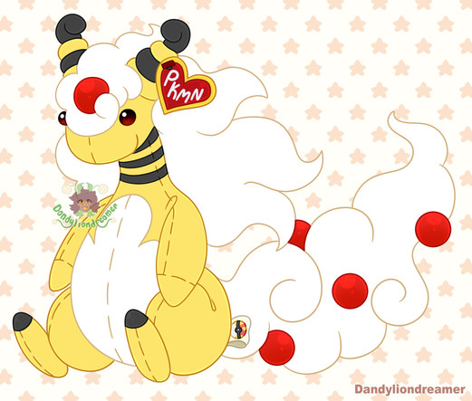 the pokemon mega ampharos as a stuffed animal beanie baby!

mega ampharos is an anthro sheep pokemon, with two circle  stacking like horns that alternate between yellow and black stripes on them, 

on the neck are 3 black stripes

their head is a long white mane with a red orb in the middle of its head and their tail also is a fluffy white color with 4 red orbs scattered on it. 

its stomach is white and it has a black tips to the  foot.

its red heart tag on the horn says "PKMN" and its tail tush tag has a fast ball pokeball on it

More Tags:
#promosky #artsky #ocsky #artmoots #pkmn #bluesky #artist #digitalart #mega #ampharos