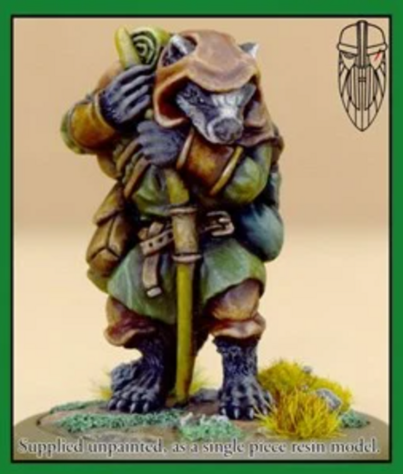 We have a 28mm model of an anthropomorphic badger. He's standing upright and leaning on a long bow. His garb is in brown and green forest colours and he has a brown hood over his head.