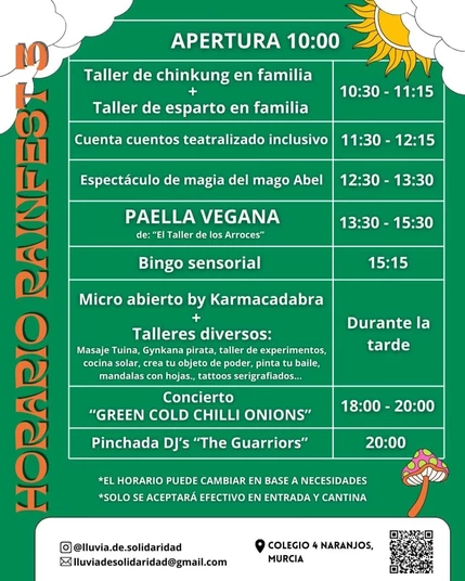 Horario del evento. De 13.30 a 15.30 habrá una paella vegana