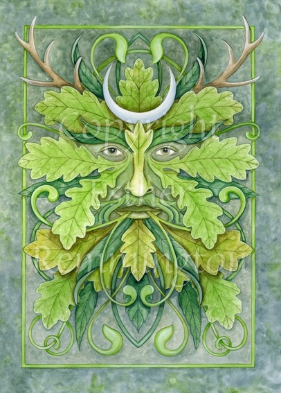 A Green Man illustration. Green oak leaves protrude from around his green eyes, and brown-ish leaves from around his mouth. Swirly tendrils appear from all directions from behind the leaves, and out from his mouth. Stag antlers extend out from the top left and right, and an upturned crescent moon sits above his eyes. The background is a mottled green-blue.