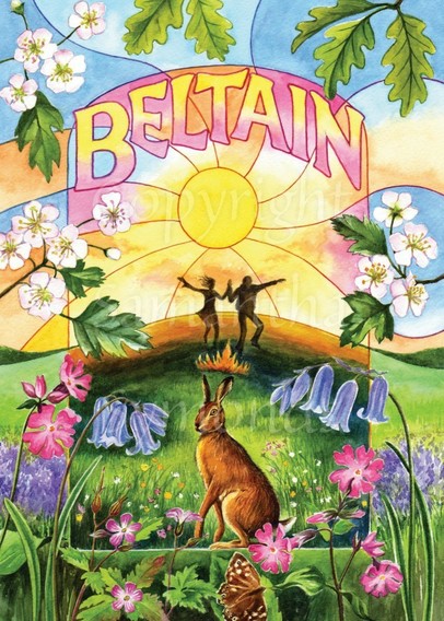 The top of the painting shows a mid blue sky, overlaid with hawthorn blossom and oak leaves. "Beltain" is written across the sky. In the middle, two silhouetted figures dance behind a small fire. There's hawthorn blossom to the left and right. At the centre of the bottom third, a brown hare site in the grass, surrounded by red campion and bluebells to the left and right.