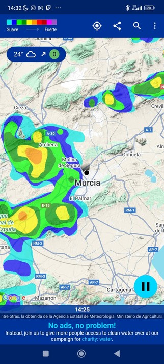 Se acercan lluvias a Murcia según RainAlarm