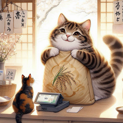 春の午後、地元の米屋で米袋を手に入れた大きな茶トラのメインクーン猫が嬉しそうにレジに米を差し出す様子。