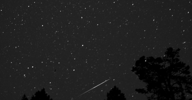 This meteor is not a Lyrid. Why? Extend the path...and it comes nowhere close to Lyra. But it's the brightest meteor I captured...at the edge of the frame, so optical quality is poor.

The next image is the same piece of sky, but five minutes later...