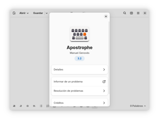 Captura de pantalla de la página "acerca de" de la aplicación. Detrás se ve el editor y sus reducidas opciones.
