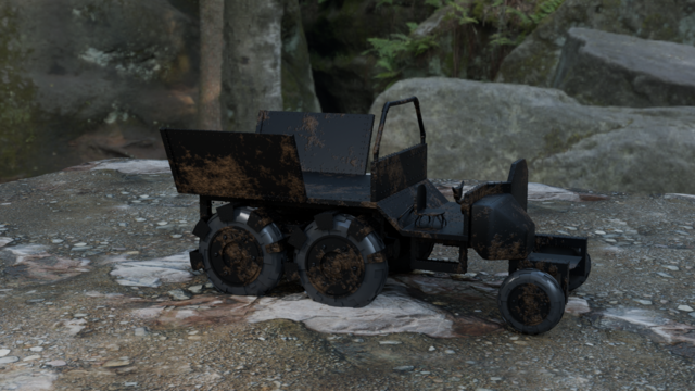 An Ork Trukk made in Blender, set against a rocky backdrop.
Trukk is dark metal, with lighter dirt/rust.
Twin rear axle, with large wheels. Front wheels smaller.