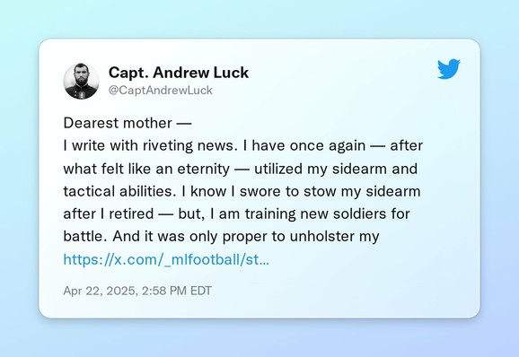 Dearest mother —
I write with riveting news. I have once again — after what felt like an eternity — utilized my sidearm and tactical abilities. I know I swore to stow my sidearm after I retired — but, I am training new soldiers for battle. And it was only proper to unholster my blunderbuss to inspire and guide. My tenacity abounds. 
— Andrew https://t.co/Sdlmt5AqPw