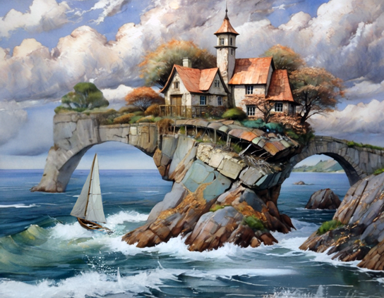 Fantasy seaside whitewashed house, with copper roof and a central tower, on a rustic rocky arched bridge, with a sailboat navigating the crashing waves below under a dramatic sky.