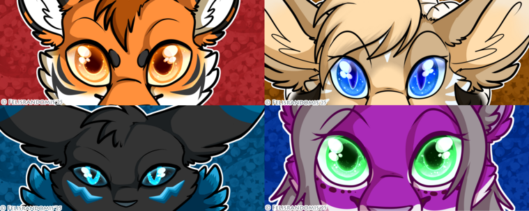 Digital art of 4 different sets of eyes for various commissioners. There's a tiger, a dragon, a renamon, and a chakat.