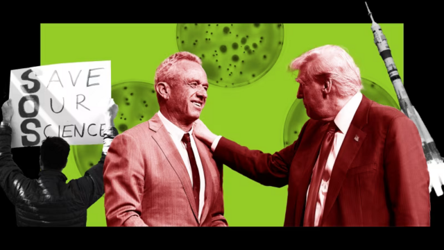 Photo montage, Two profoundly ignorant and elderly men (Kennedy and Trump) congratulate one another
