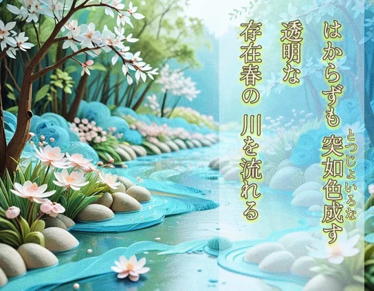 «Generated by nightcafestudio, Edit in CapCut »
Alt-TXT: A dreamy river paper art with a winding stream, smooth stones, delicate pink and white flowers, and blossoming trees. The water and leaves feature soft pastel blue and green hues, evoking a serene atmosphere.

On the right side  of the image is a tanka poem written in Japanese that reads, ”Unexpectedly, /color blooms from transparency— /a silent being, /flowing with spring's gentle stream, /a quiet presence alive.”