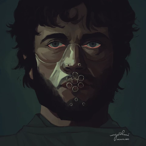 An illustration of Hugh Dancy as he appears in NBC's Hannibal, wearing a muzzle-type mask.