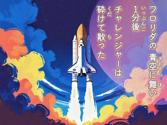 «Generated by #LeonardoDiffusion, Edit in CapCut »
Alt-TXT: illustration of a space shuttle launching, with fiery orange and yellow exhaust clouds billowing below. The background features bold blue and red brushstroke clouds, creating a dynamic scene.

On the right side of the image is a tanka poem written in Japanese that reads, ”In Florida skies, /soaring high for mere moments— /then Challenger fell, /scattered fragments, dreams undone, /a silence eternal.”