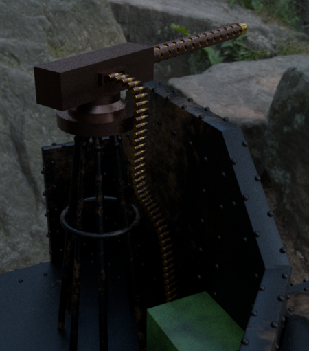A machine gun modelled in Blender, against a rocky backdrop.
Gun is dark bronze, with brass/bronze bullet-belt feeding in.
Set on a stand made of pipes.