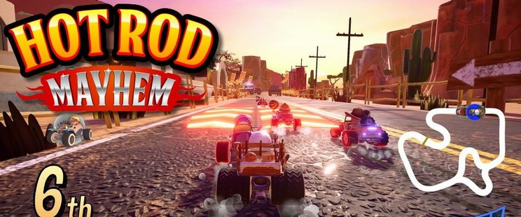 Screenshot vom Kart-Racer Hot Rod Mayhem. Man sieht die miniaturisierten Karts auf einer Straße in Mexiko. Die Sonne geht langsam unter.