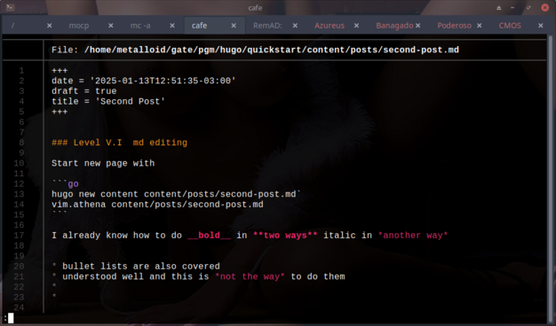 The image shows an IPS Led panel displaying a text editor with a dark theme. The file path at the top indicates the file is located at "~/gate/pgm/hugo/quickstart/content/posts/second-post.md." The file is an Markdown document, as indicated by the ".md" extension. The text editor is displaying the content of the file, which includes a YAML front matter section at the top, followed by a heading and some Markdown formatting examples.

The YAML front matter section contains the following fields:

    date: "2025-01-13T12:51:35-03:00"
    draft: true
    title: "Second Post"

Below the YAML front matter, there is a heading with the text "Level VI md editing" and a command to start a new page with Hugo: hugo new content/posts/second-post.md. The editor also shows a command to open the file in Vim: vim.athena content/posts/second-post.md.

The Markdown content includes examples of bold and italic text formatting, with the text "I already know how to do bold in two ways italic in 'another way'." It also includes a bullet list with the text "bullet lists are also covered" and "understood well and this is not the way to do them."

The text editor's interface includes a menu bar with various application names, such as "mocp," "mc-a," "cafe," "RemAd," "Azureus," "Banagado," "Poderoso," and "CMOS." The background of the screen is dark, and the text is highlighted in different colors, with the code and text in white, and the headings in orange.

Ovis2-8B

🌱 Energy used: 0.360 Wh