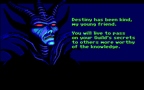 Screenshots of LOOM EGA. The first two images are from the closeup of Chaos talking to Bobbin in the final section of the game. Chaos says "Destiny has been kind, my young friend. You will live to pass on your Guild's secrets to others more worthy of their knowledge. In return you will be allowed to serve my new empire as advisor. Naturally, I expect your full cooperation in this historic exchange of goodwill." The last two images are fake screenshots of Bobbin standing next to the Loom, replying to Chaos as Hetchel looks on. Bobbin is saying "Okay, but first, I have a question: Why did you make the Chromax Conundrum out of diamond instead of glass?"