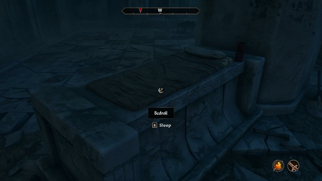 A bedroll on a stone table, the necromancers bed.
