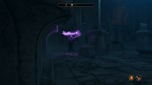 Ponders comes across a dimly lit room in Vilverin, in it he finds a Necromancer! The necromancer, upon spotting Ponders, conjures a ghost using a spell, showing a magical purple summoning circle above his hand. the circle is glowing purple with cloudy accents.