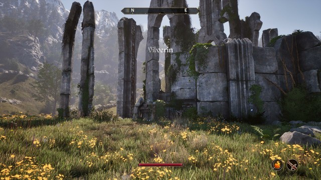 The ruins of Vilverin, an Alyeid ruin made of gray stone with moss growing on it, the ruins have elements of magical crystal about them.