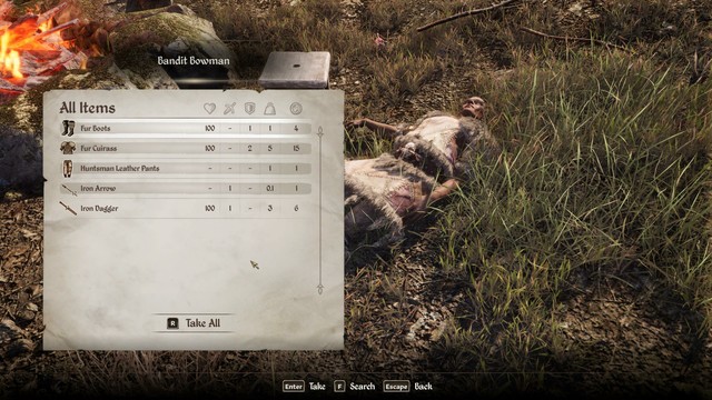 The loot screen of a killed bandit near the ruins, showing fur boots, fur cruirass, huntsman leather pants, 17 iron arrows, and an iron dagger. Ponders only takes the arrows.