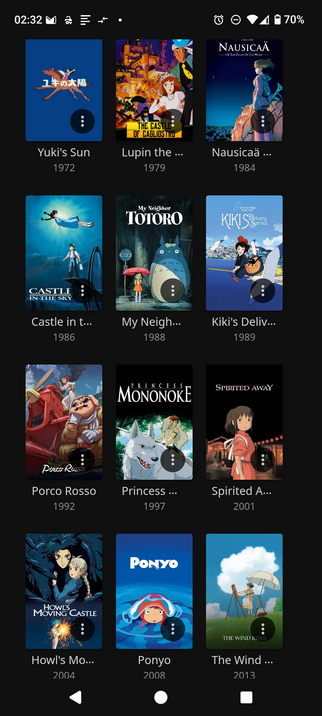 A screenshot of some of the content in my "Collected Works of Hayao Miyazaki" collection on Jellyfin.