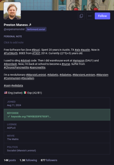 This image shows the profile of https://mastodon.social/@aspensmonster@tenforward.social as I retrieved it today on 24 Apr, 2025.

This is the only thing I see since it concatenates(it removes some stuff that is important for the link to fully function)

The image displays this:

Keyoxide
https://keyoxide.org/79895B2E0F87503F1

The full link though is:

https://keyoxide.org/79895B2E0F87503F1DDE80B649765D7F0DDD9BD5