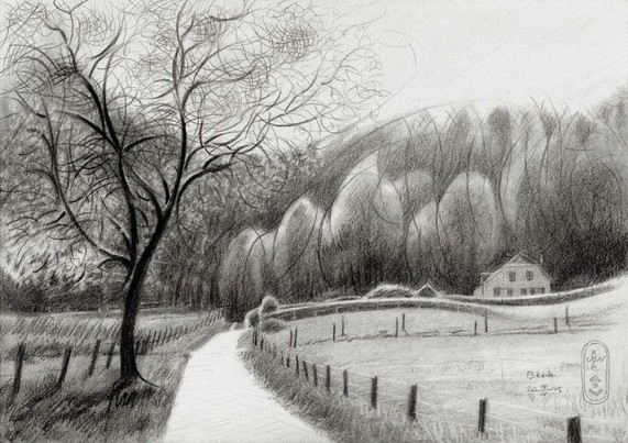 Natte Beek

This graphite pencil drawing ‘Beek – 14-04-25’ depicts a slighty cubist interpretation of an eponymous landscape. There’s this house called the ‘Natte Beek’ (‘Wet Rivulet’) which is funny. All rivulets, creeks or waters in general are wet, aren’t they? This actual spot is very well known to locals because it is a striking scenery. When you pass it via the Rijksstraatweg you’ll easily spot it. That’s because it is situated in an open field in the bushy hills of Beek. Many times I have seen it with childish curiosity sitting in a bus towards my grandmother in the Ooij. Especially in winter it looks like a gothic fairytale, looking forelorn in the woods. In summer it looks less threatening when meadows are all green. Spring has arrived and my outdoors sketching inclinations are growing. Therefor I thought it would be a good start using this spot as artistic motif.

Paper Strucure

Quite a while now since I made a last landscape really. My last one of Beek showed the old and the new Bartholomeuskerk in a cubistic approach. This time I had it in me to combine impressionism with cubism. This feeling appeared to exactly match the presupposition I had with regard to this Hahnemühle Bamboo sketch paper. Rather grainy of structure reacting to my pencil made me think of Ingres paper of the same brand. It happened to be that my soft 14B pencil scratched across the paper like a knife cuts through soft butter. Even rubbed out with a stump the structures still looked broken.