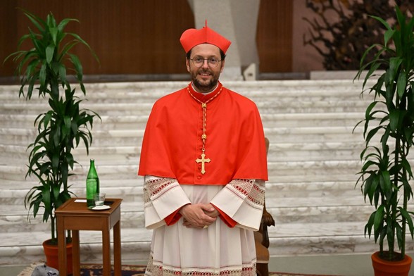 A newly promoted(?) cardinal wearing a red cape over a white shirt-like outfit, und which he seems to be wearing something with red sleeves.
The white sleeves are decorated with hemstitching and a wide lace with lots of curlicues.