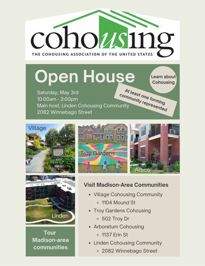 A flyer for a cohousing event in Madison, WI on 3 May 2025. It describes the four existing communities participating and at least one forming community also participating.