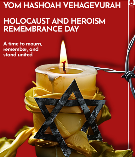 JIMENA
Yom HaShoah VeHagevurah
Holocaust and Heroism Remembrance Day
A time to mourn, remember, and stand united.

Photo of a lit candle and an iron star of David, entertwined with barbed wire.