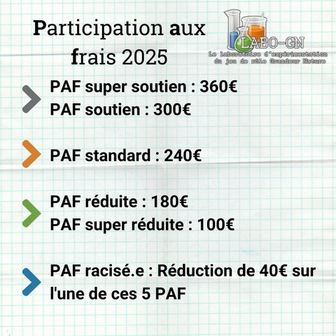 Détail des montants des différentes Participations aux frais de l'événément LaboGN 2025

PAF super soutien : 360€
PAF soutien : 300€
PAF standard : 240€
PAF réduite : 180€
PAF super réduite : 100€
PAF racisé·e : réduction de 40€ sur l'une de ces 5 PAF