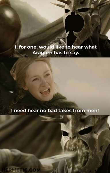 Three panel meme. Top, Witch King of Angmar, saying "I, for one, would like to hear what Aragorn has to say." Middle, Eowyn claps back, "I need hear no bad takes from men!" Bottom, Eowyn stabs Witch King in the face.