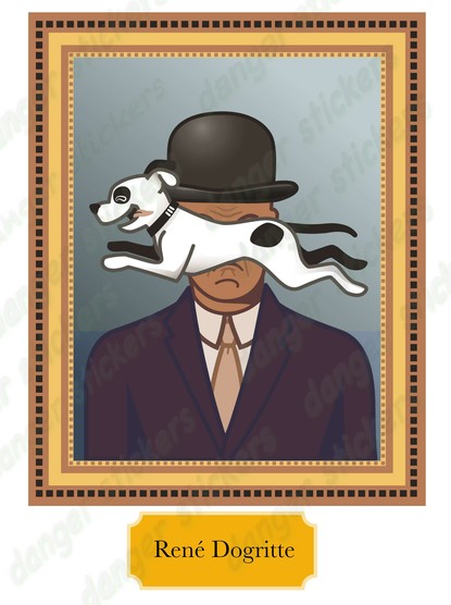 my design for an upcoming sticker. A parody of Rene Magritte where a dog is happily leaping in front of a man in a suit's face.  He is real grumpy about it.