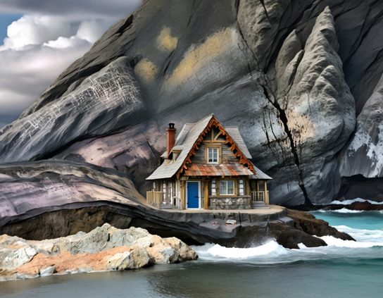 A rustic stone and wood cottage with an iron roof and a blue door, pushed up against giant, dramatic, rugged rock cliffs by the water. A rolled-up newspaper rests on a ledge directly beneath the building.