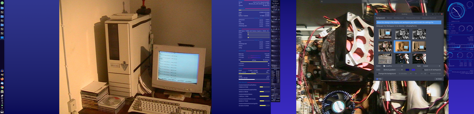 The image is a horizontal split-screen showing two different views of computer setups. On the left side, there is a vintage Amiga A4000T computer setup with a white tower, a CRT monitor displaying a list of items, a keyboard, and a stack of DVDs on the desk. The room appears to be warmly lit, with a plain wall in the background. On the right side, the image shows the interior of a modern computer case with visible components such as a CPU cooler, motherboard, and various cables. A software interface is overlaid on the image, displaying a graphical user interface with sliders and thumbnails, likely for adjusting settings or viewing system information. The background of the right side is a blue color, possibly indicating a software environment.

 Ovis2-8B

🌱 Energy used: 1.633 Wh