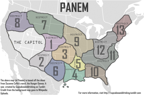 Map of Panem from the Hunger Games. There are 13 districts, with New England and parts of New York and New Jersey, are part of District 13.