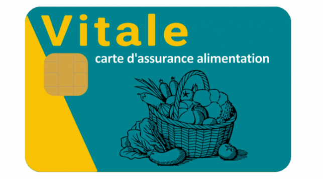 Image d'une carte Vital réimaginée comme carte vitale pour la Sécurité sociale de l'alimentation.