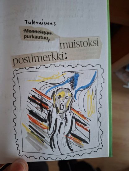 Tekstiä "tulevaisuus purkautuu muistoksi postimerkki" ja piirros postimerkistä jossa Münchin Huuto